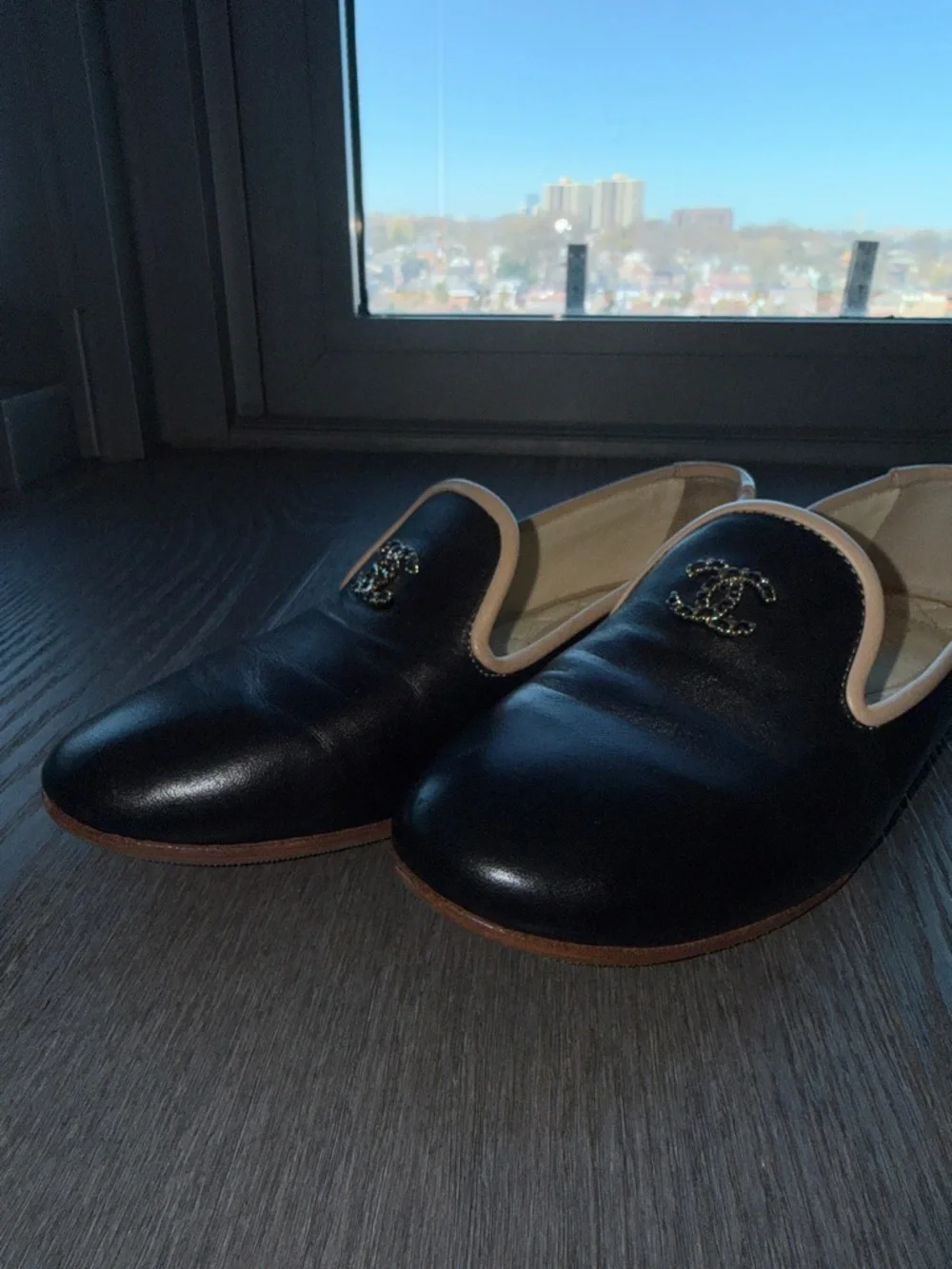 CHANEL Black Leather Slip-On Loafers with Cream Trim and Gold CC - Picture 8 of 9